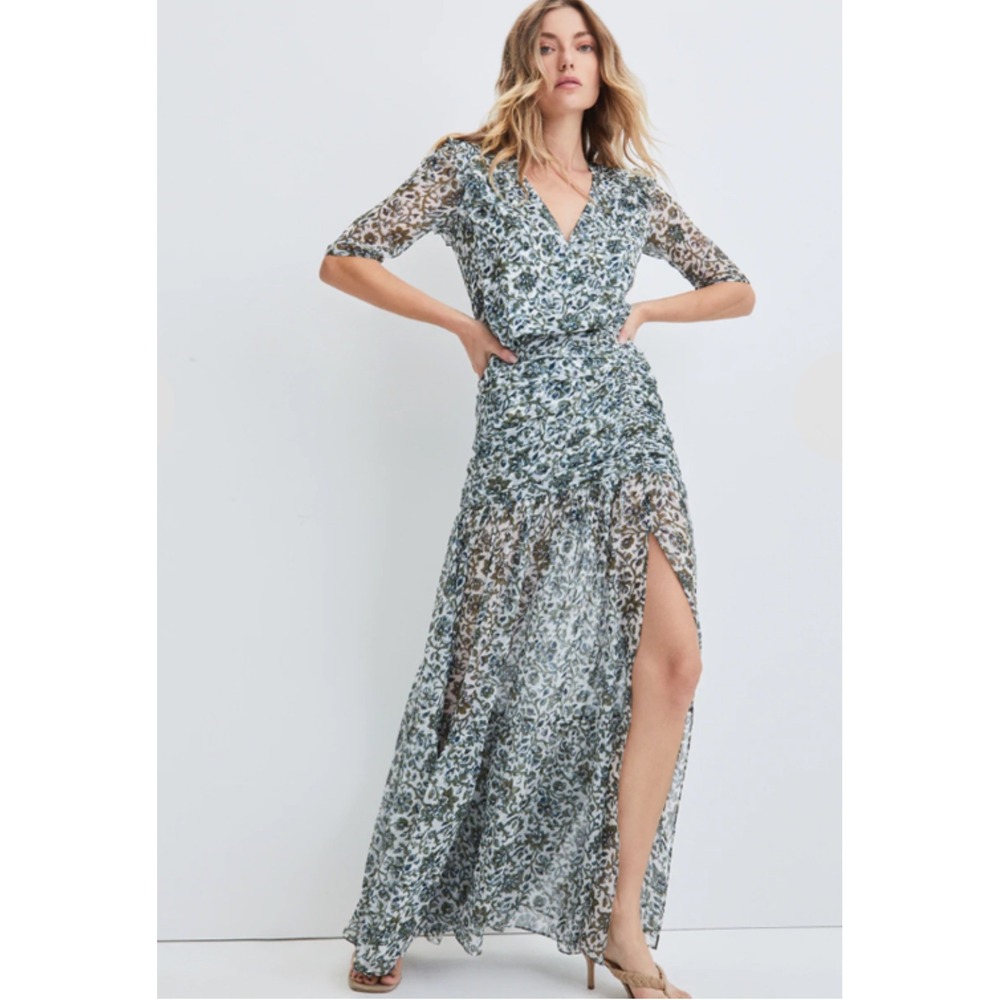 VERONICA BEARD Floral Ruched Maxi Dress Split Leg V Neck Sheer Sleeve Blue Green